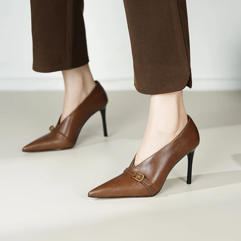 全真皮~7/9cm牛皮手工女鞋细高跟精致百搭经典款尖头女鞋春秋新款