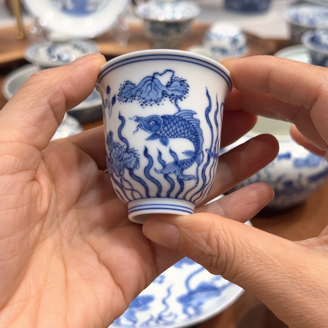 杯子青花鱼藻纹闻香杯60毫升