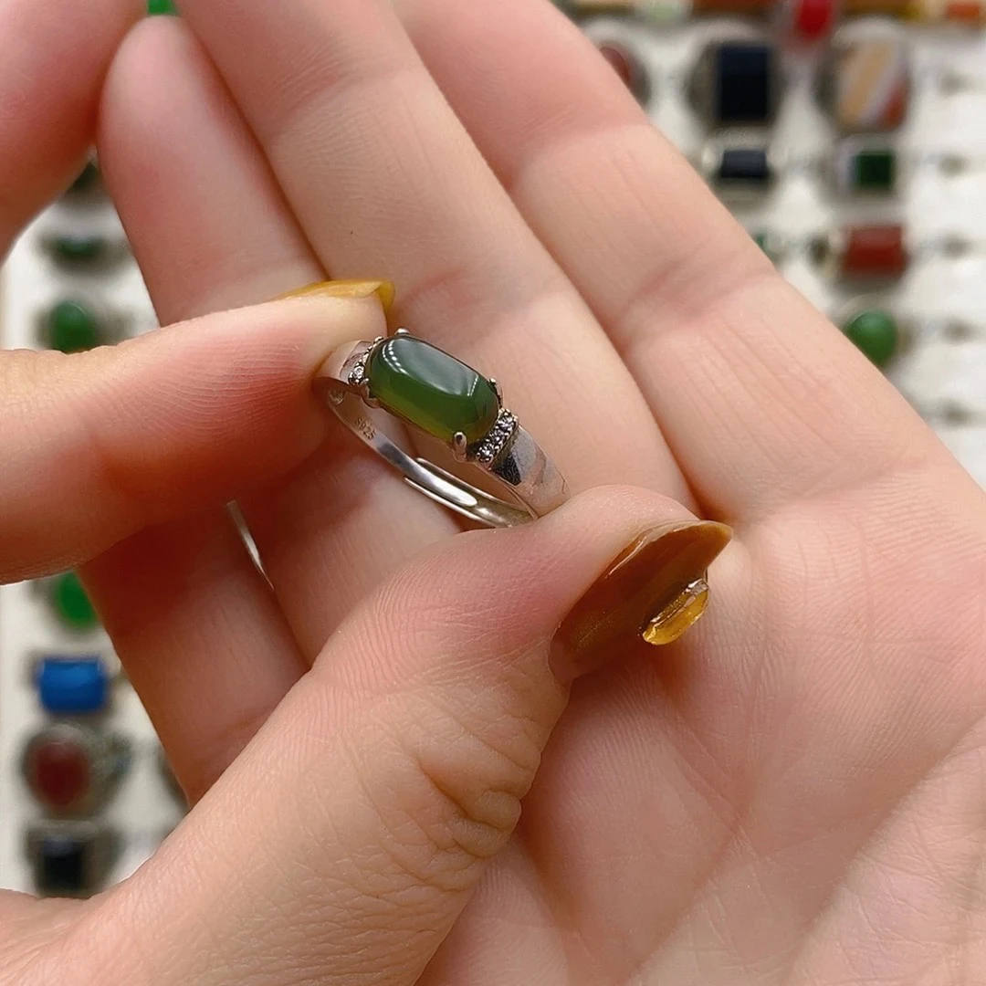 和田玉碧玉黑猫小号马鞍戒银925镶嵌开口戒