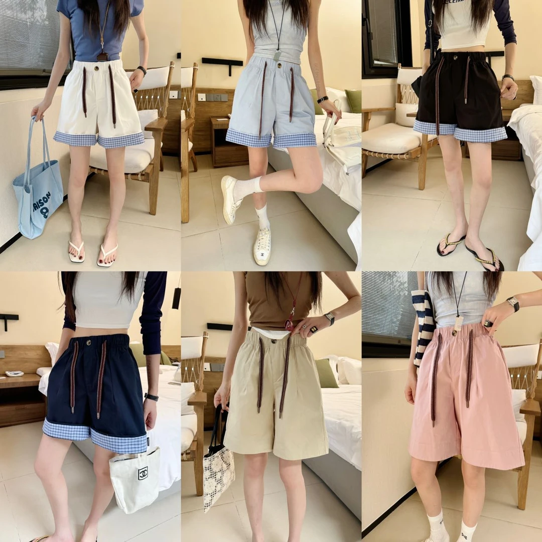 042【夏季新款】净版复古腰绳裤腿格子短裤（25030）