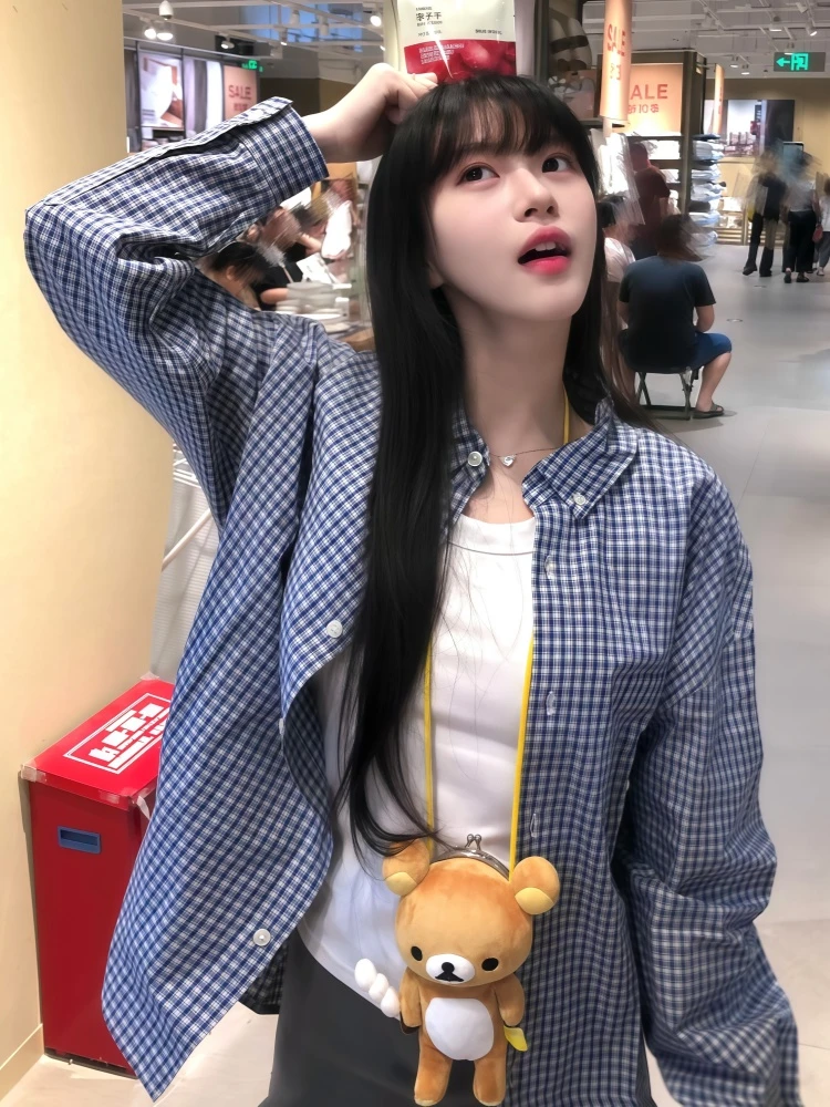 美式复古长袖蓝色格子衬衫女秋季2025新款miu系穿搭宽松上衣外套