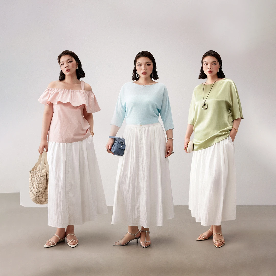 【折扣款】PLUSMALL 仲夏白兰地 锦棉绉收腰半身伞裙PLUS2504090