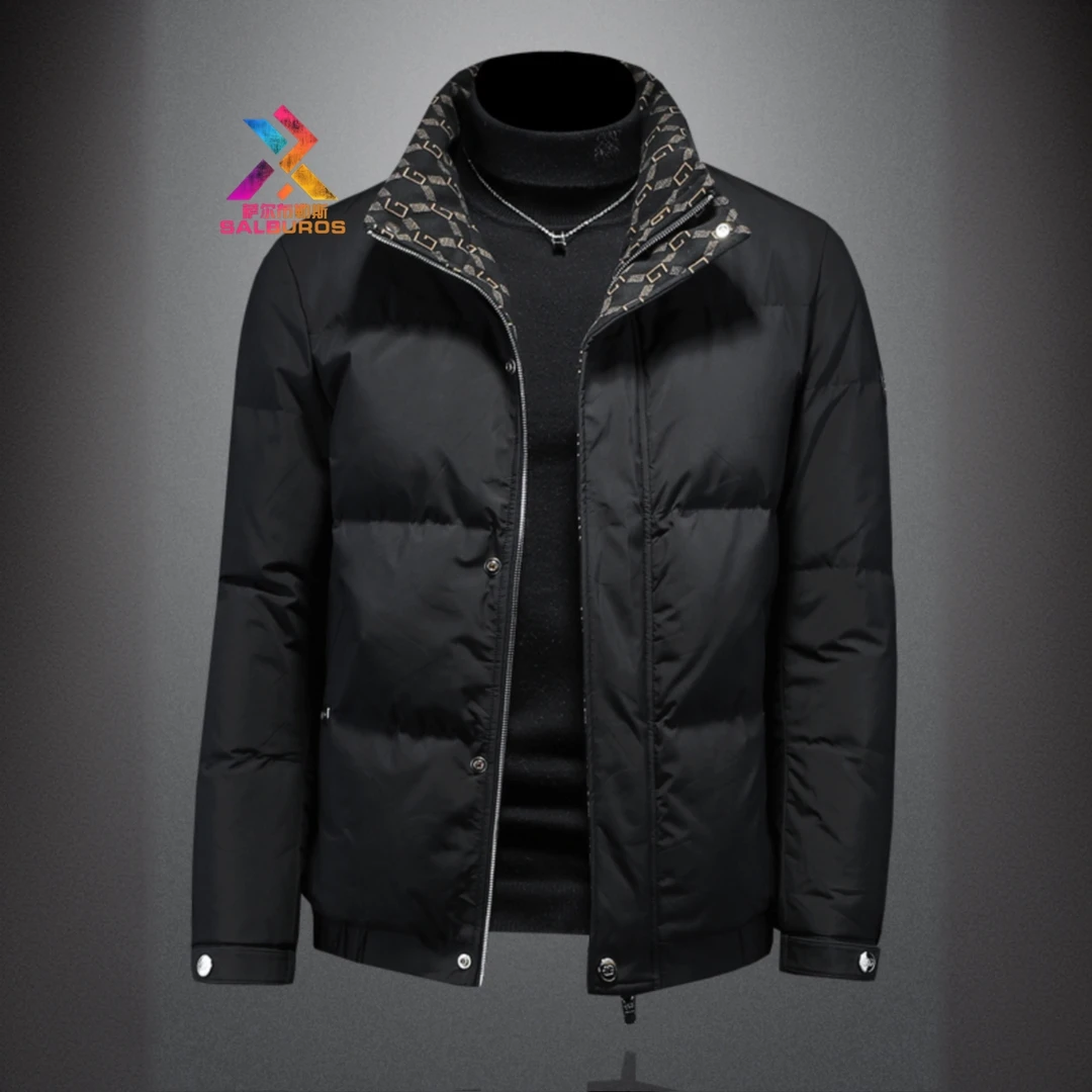 萨尔布勒斯时尚欧货印花羽绒服男士冬季休闲加厚短款白鸭绒外套