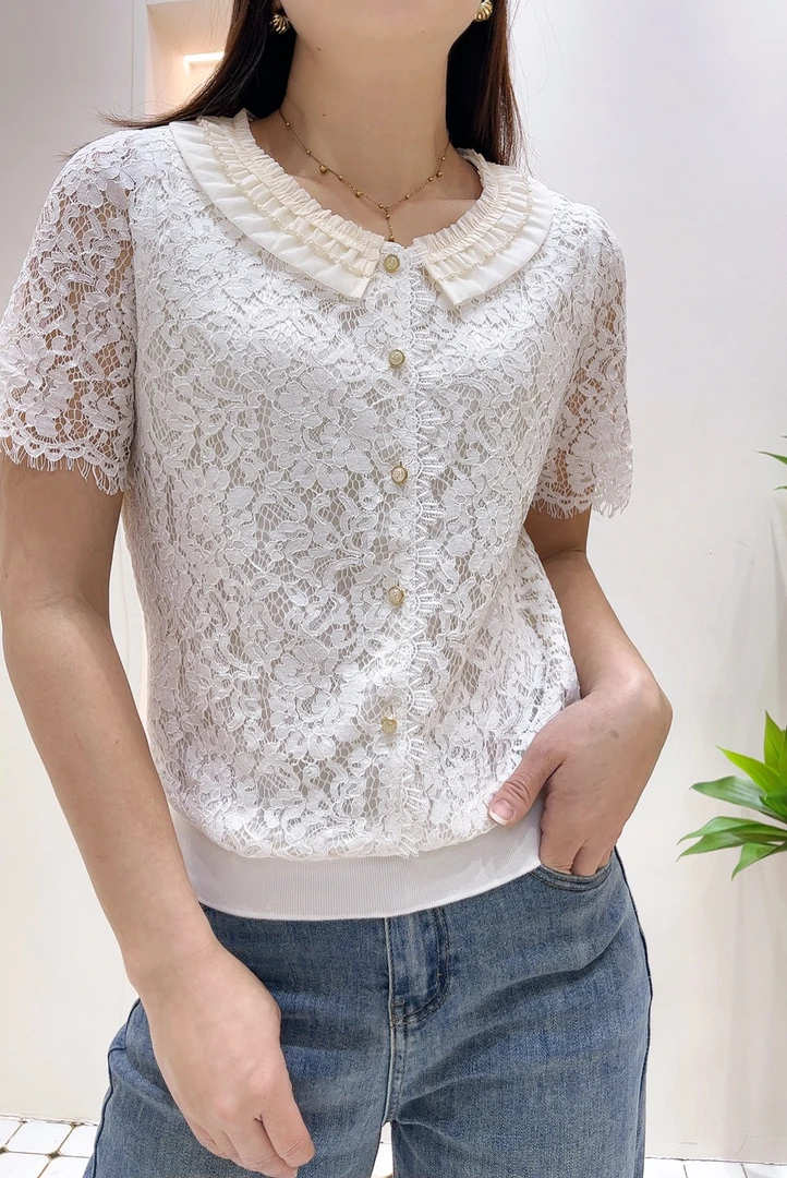 海百合气质蕾丝小香风刺绣上衣2620#