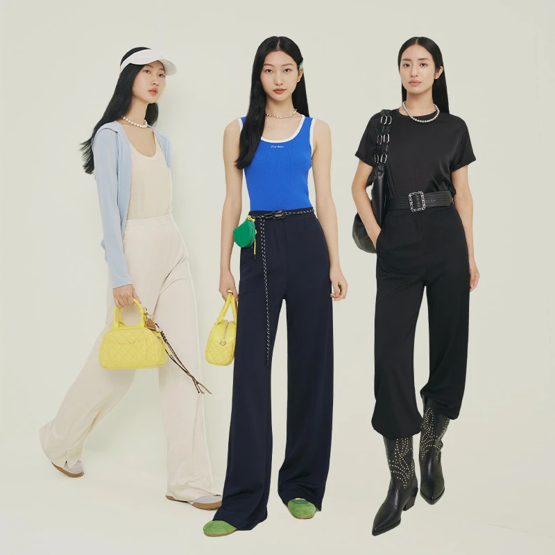 firststation时尚百搭松紧腰宽松直筒长款休闲裤女25春新款6403A