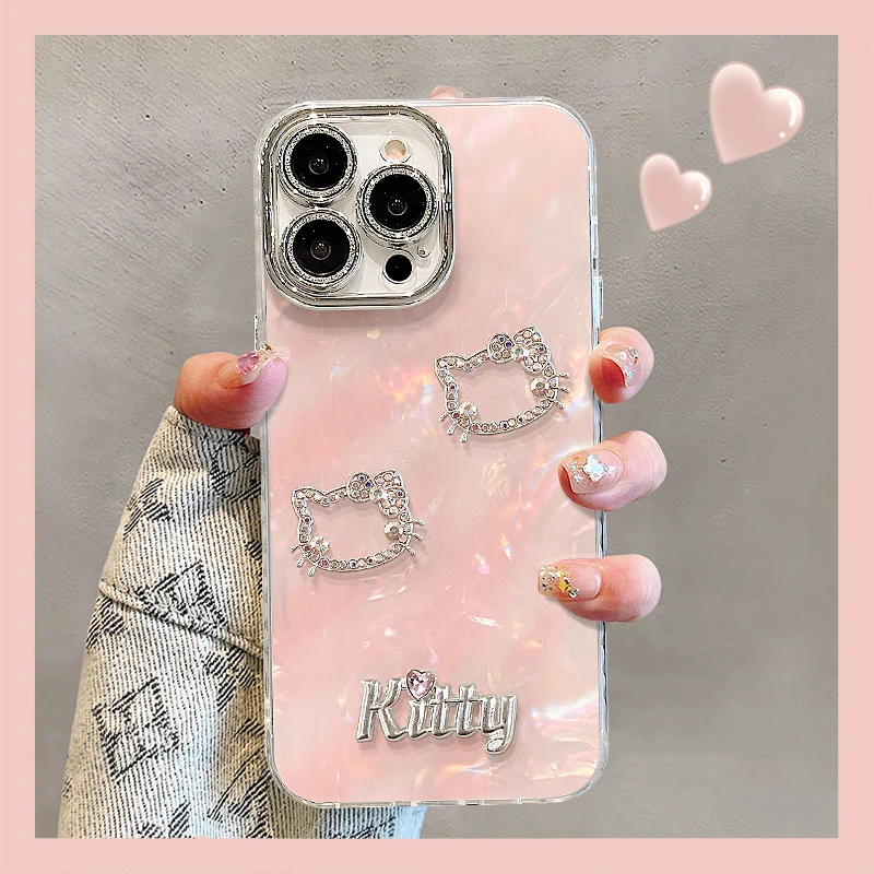 KT猫公仔适用苹果15promax华为oppo小米iPhone16精孔贝壳纹手机壳