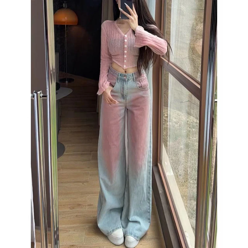 渐变腮红垂感牛仔裤女2025夏季新款高腰宽松百搭显瘦阔腿拖地裤