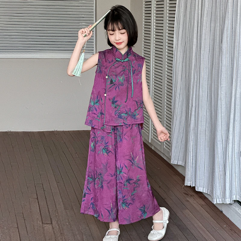 中式亲子国风夏款国风民族风套装新款中国风国潮高货提花透气紫色