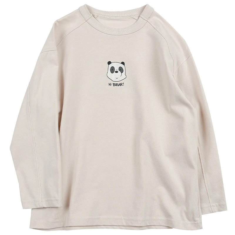 Y7519男童国潮做旧熊猫长袖T恤儿童春上衣童装宽松圆领打底衫