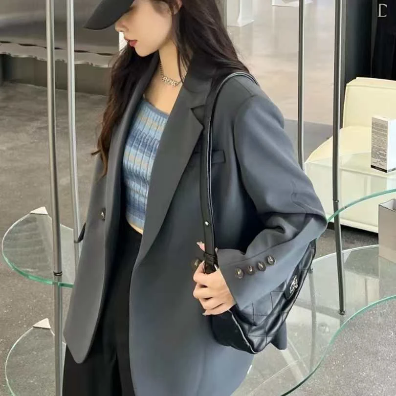 衣凡66965西装设计感开叉宽松长袖灰色外套