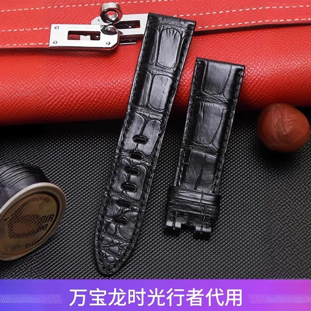 适配鳄鱼皮万宝龙时光行者系列代用原装美洲鳄真皮表带针扣竹节纹
