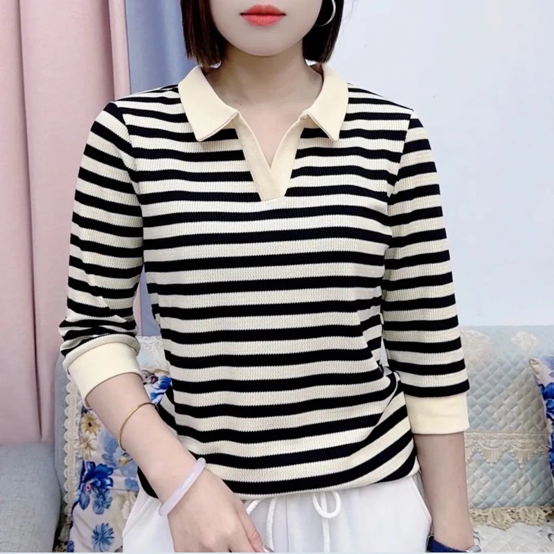 早春秋纯棉华夫格POLO领上衣女条纹洋气七分袖宽松T恤百搭打底衫