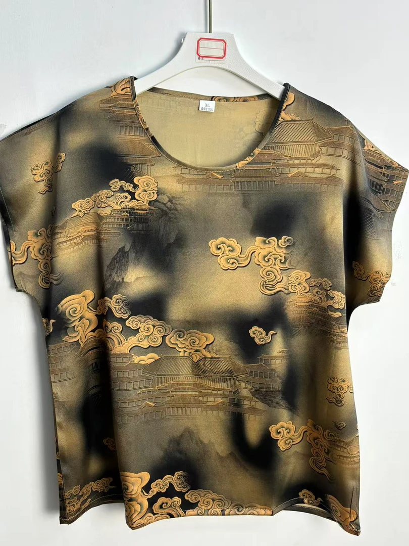 桑蚕丝弹力双乔弹力缎连肩短袖  纾璟丝绸