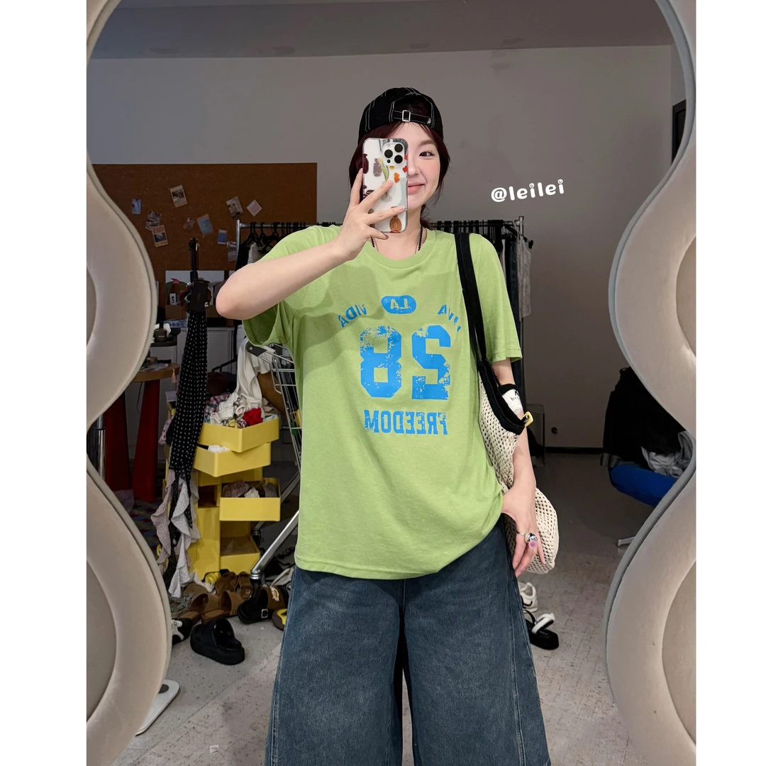 晶咕【百搭策略】美式胸前字母图案圆领宽松大版T恤上衣