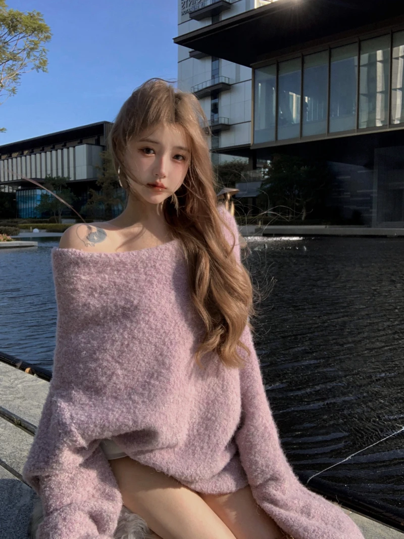 慵懒风软糯圈圈纱一字肩毛衣女2025秋冬新款松弛感宽松露肩上衣女