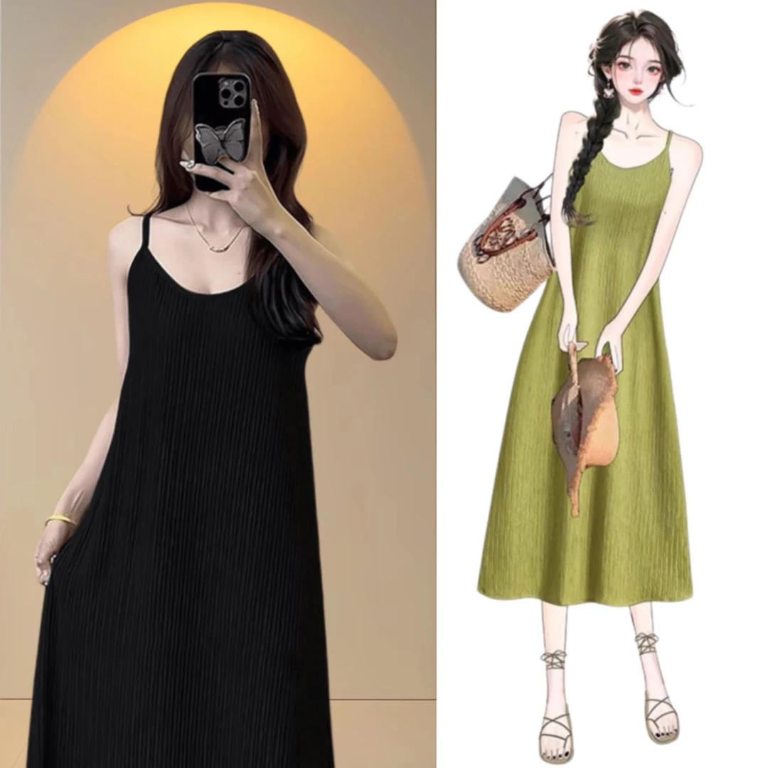 褶皱吊带连衣裙遮肉黑色吊带裙韩版大码时尚外穿中长款夏装显瘦