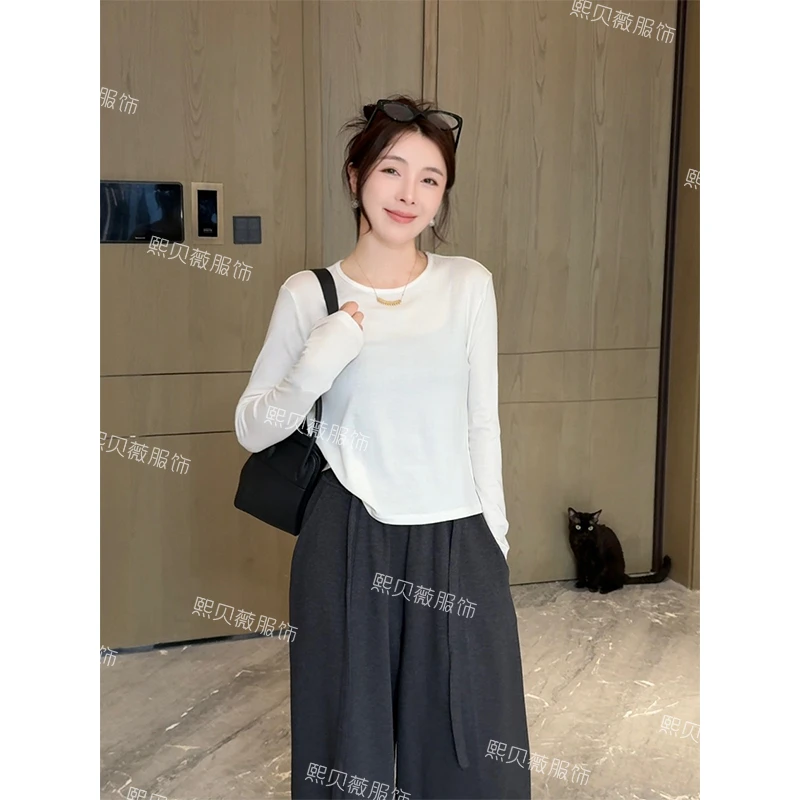 熙贝薇2 欧货天丝羊毛上衣秋季新款纯色圆领打底长袖T恤 G5210