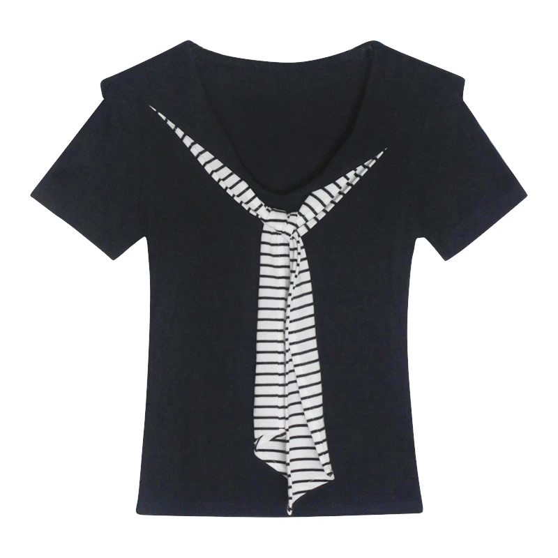 2025夏季海军领条纹领带撞色韩版独特超好看短袖正肩t恤显瘦上衣