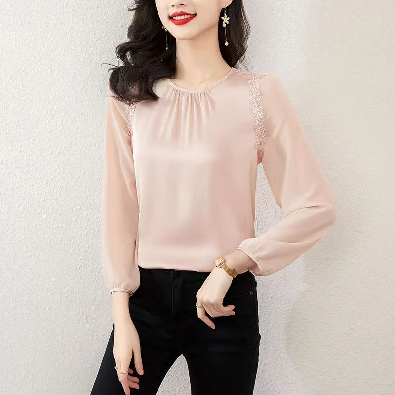 【歌梵妮】#6856光泽缎面衬衣法式优雅圆领拼接百搭洋气显瘦小衫