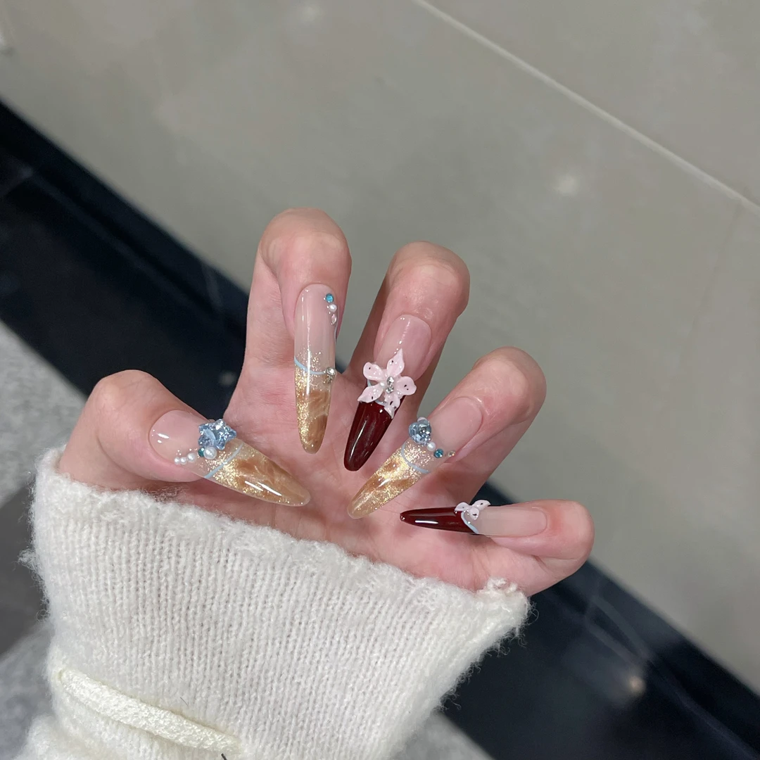 【晚霞海棠】安诺纯手工穿戴甲高级感渐变猫眼显白爆闪氛围穿戴甲