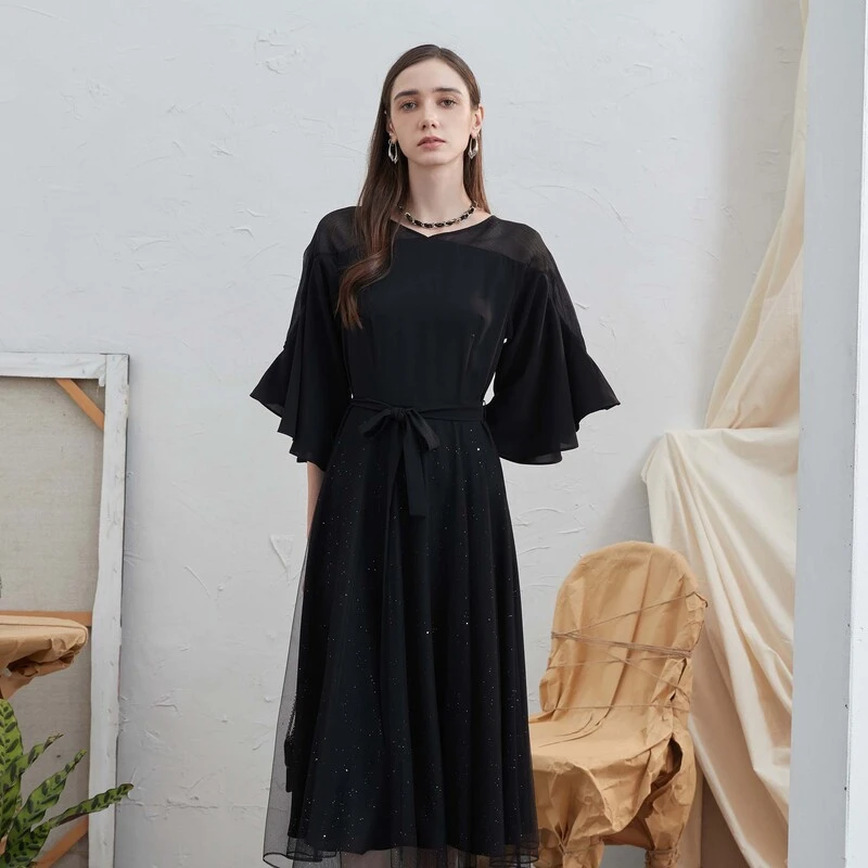 圣迪奥时尚女装法式优雅V领收腰网纱雪纺连衣裙S24261205