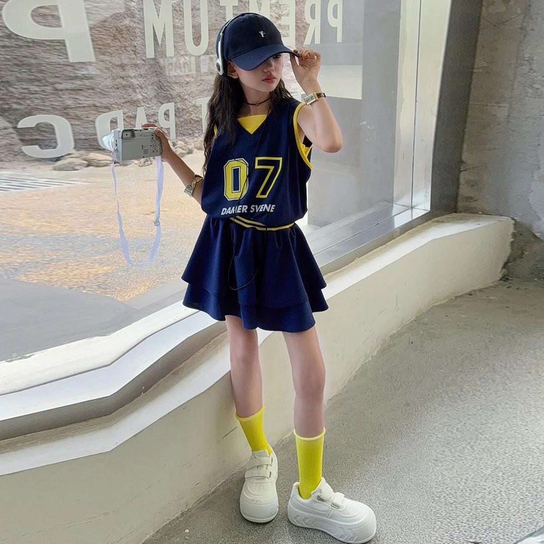 女童连衣裙夏装2025新款儿童洋气大童夏季时髦字母背心短裙两件套
