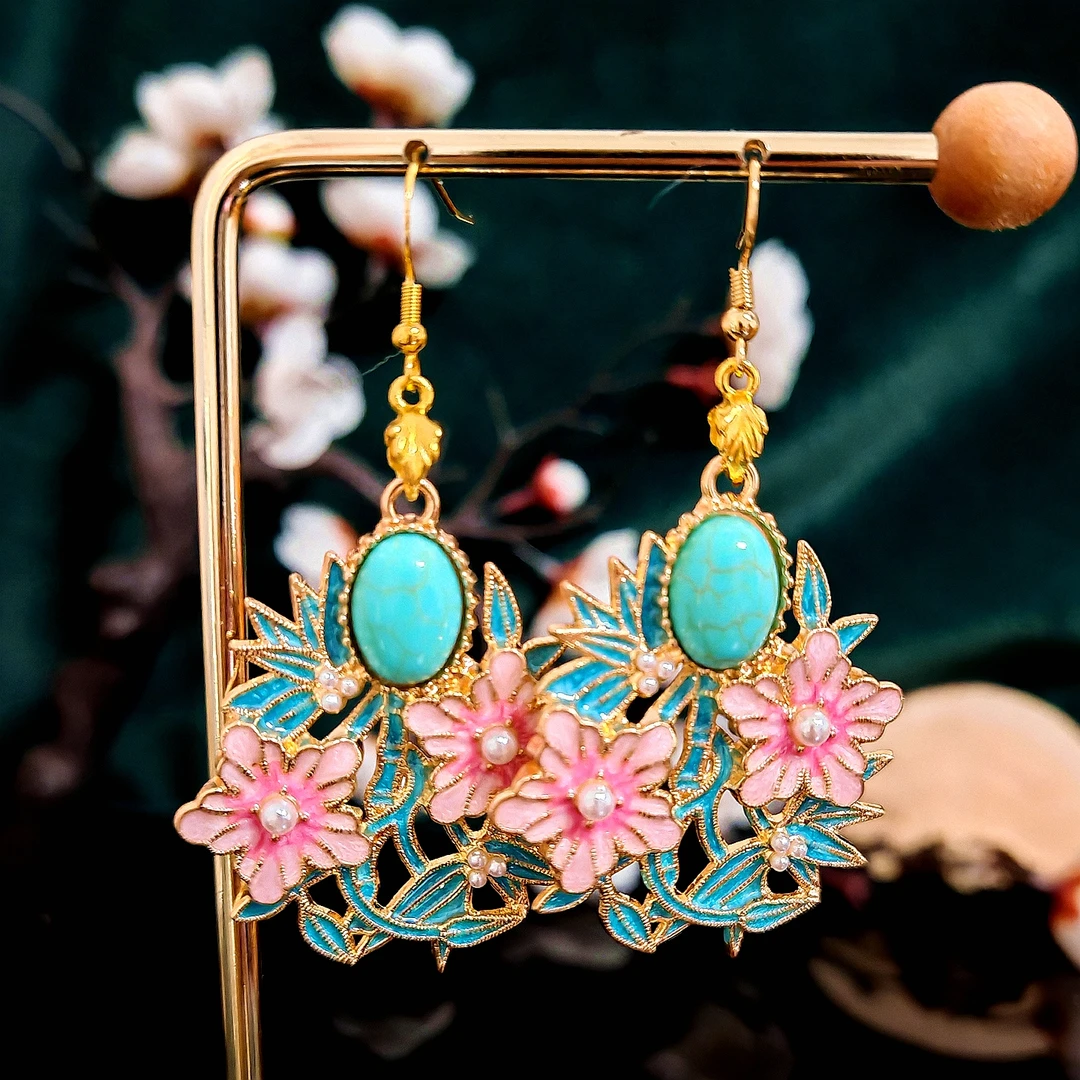 多吉米粉花松韵复古新中式原创高级感耳环无耳洞耳夹耳饰配汉服