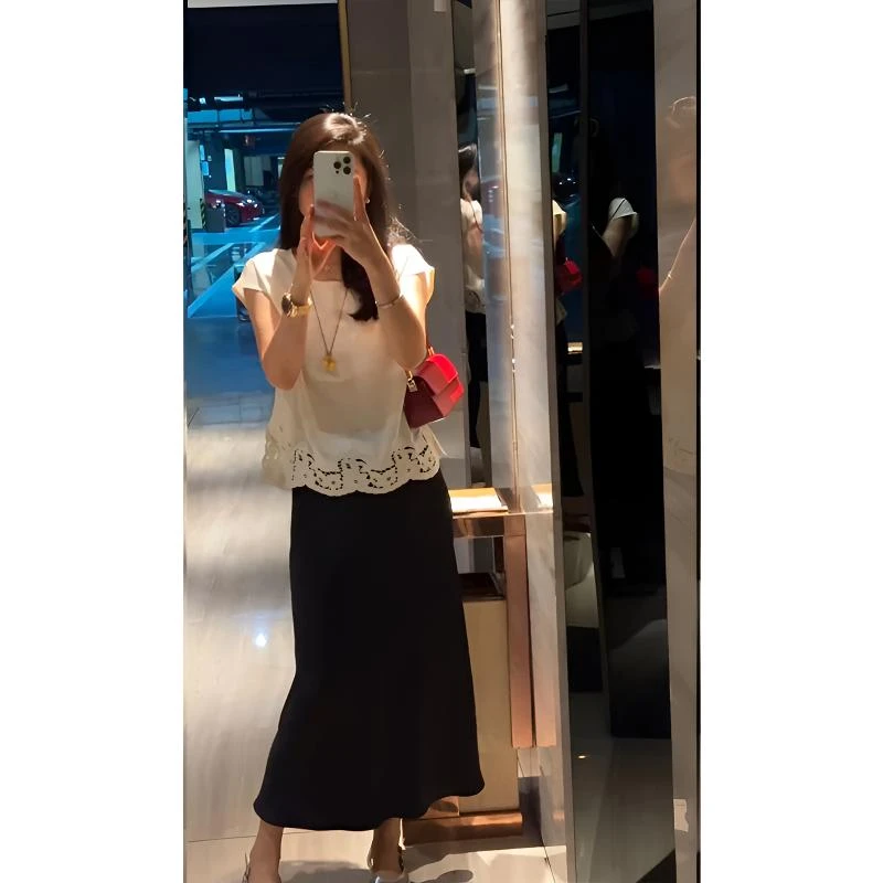 夏季蕾丝拼接醋酸肌理感花边刺绣下摆短袖衬衫胖mm宽松巨显瘦小衫