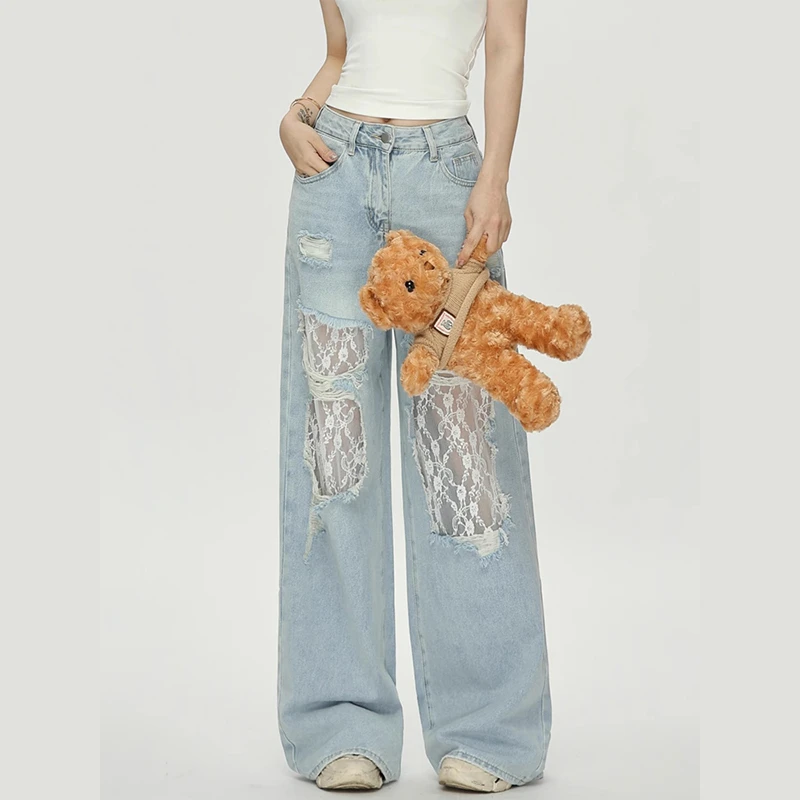 300斤特大码女装胖mm设计感复古蕾丝拼接牛仔裤女显瘦破洞阔腿裤