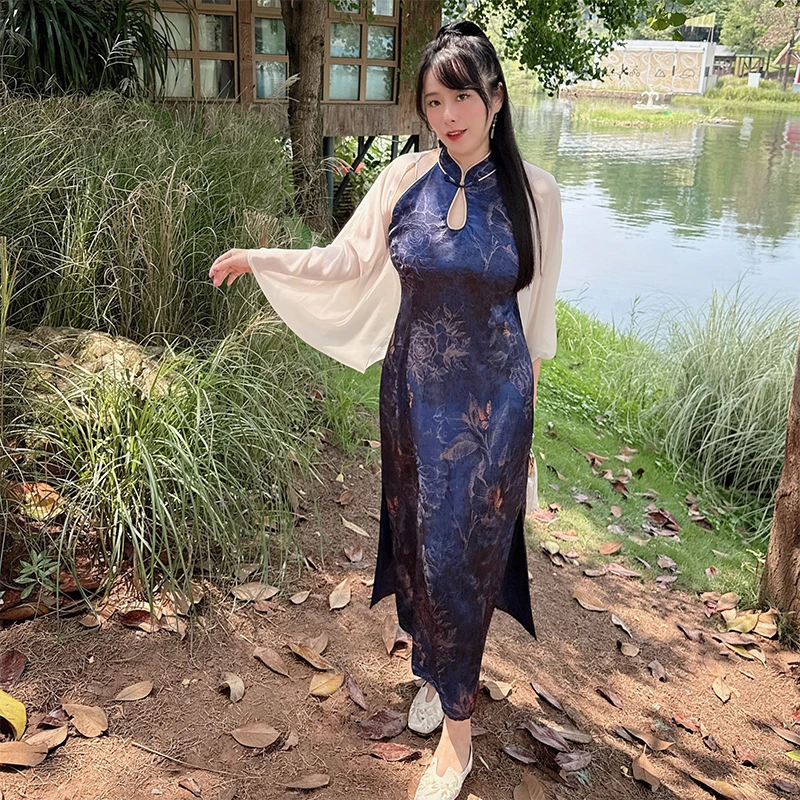 码加加51771中国风文艺复古新款日常旗袍立领显瘦修身大码套装