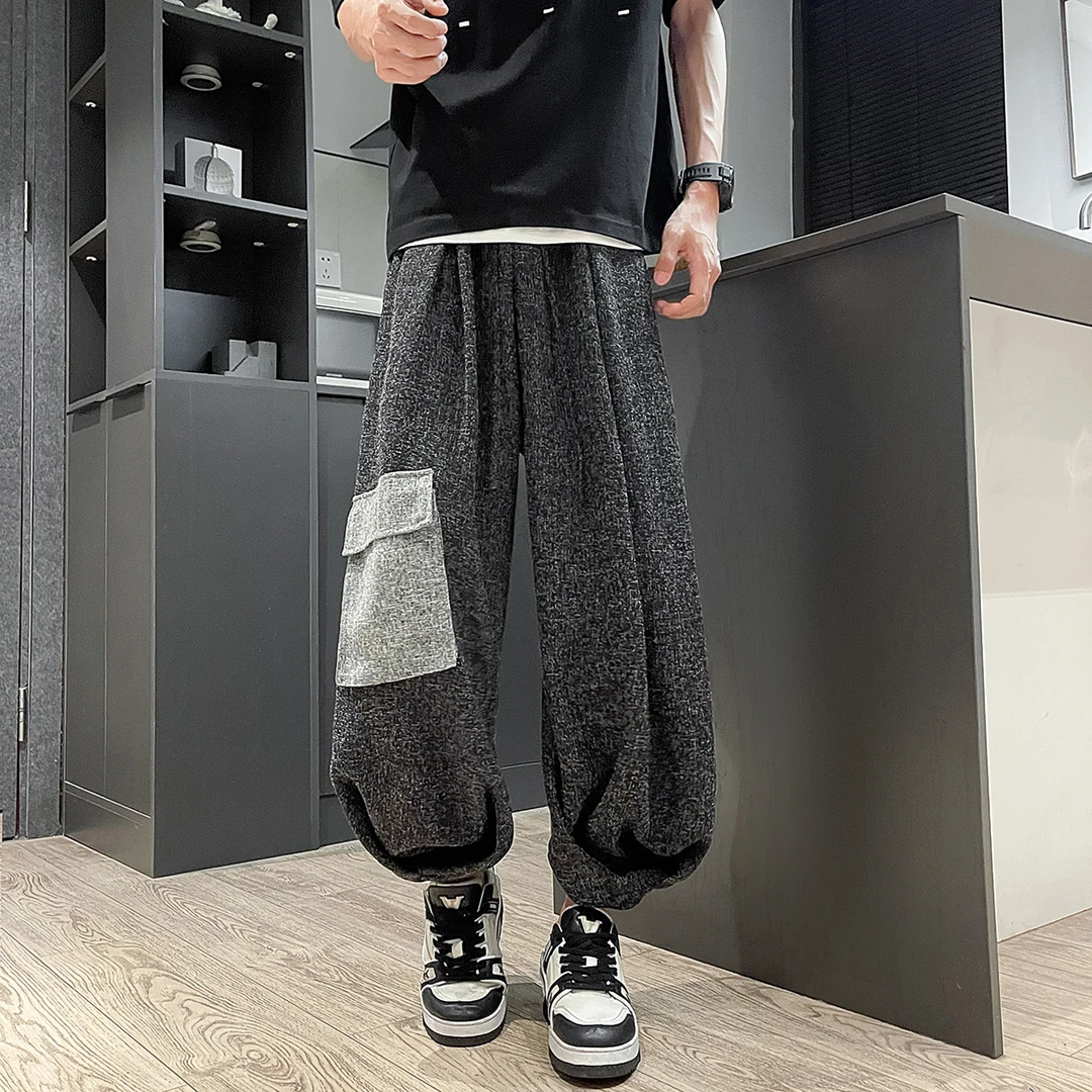暗黑系潮牌冰丝九分裤男士大码肥佬灯笼裤新中式宽松大口袋工装裤