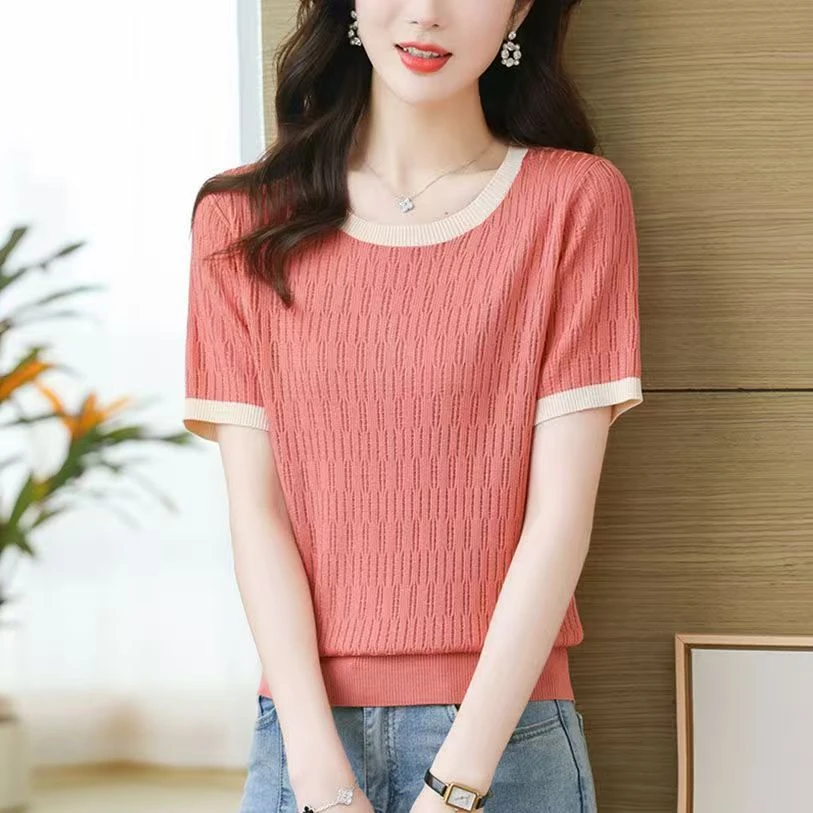 （701--750）冰爽丝镂空提花针织衫女短袖拼色圆领宽松气质显瘦上衣