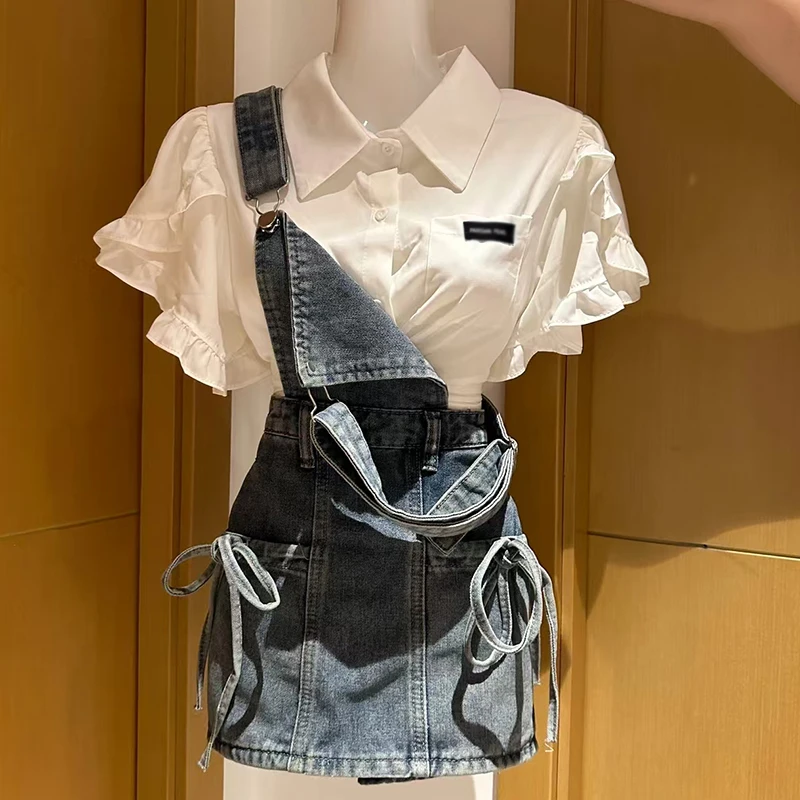 白色方领衬衫套装女夏季新款复古收腰显瘦百搭牛仔背带裙子两件套