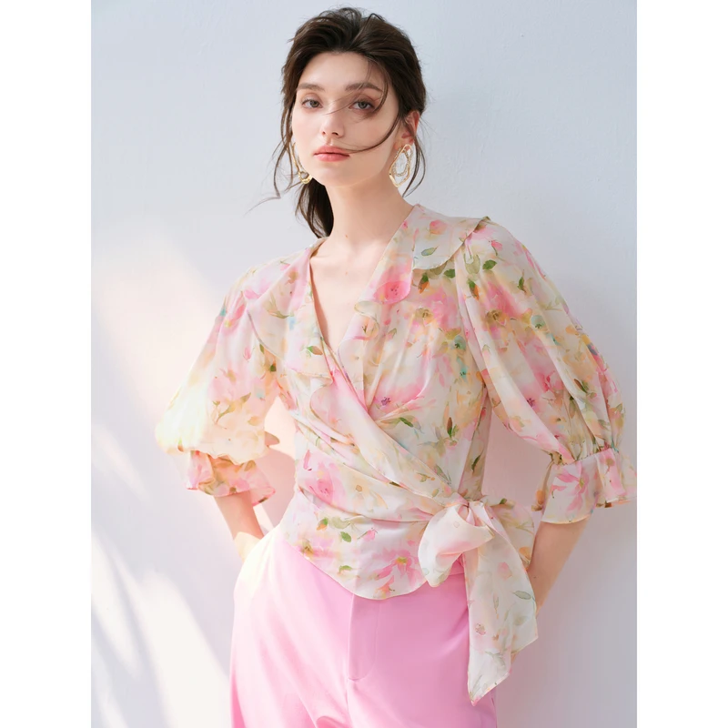 纤纤家 月萤 6A级桑蚕丝一片式裹身衬衫女2025夏真丝轻奢印花上衣