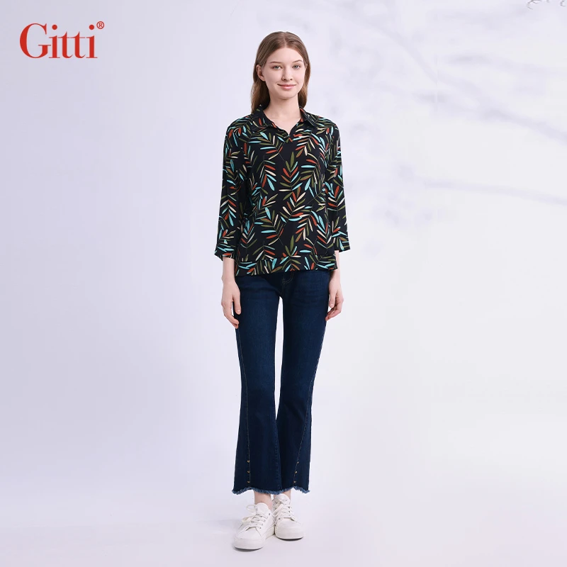 Gitti/吉蒂翻领七分袖宽松舒适印花衬衫女休闲衬衣G245074