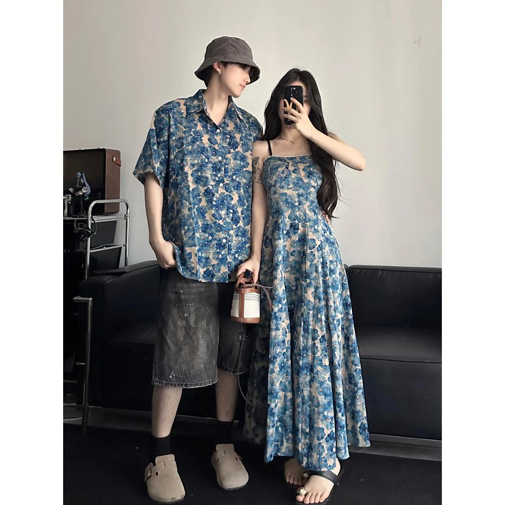 情侣装夏季短袖衬衫男海边度假风碎花长裙女法式连衣裙一衣一裙潮
