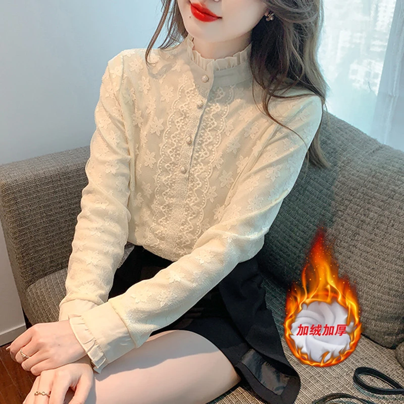 秋冬新款气质高档内搭加绒加厚蕾丝打底衫女士外穿洋气上档次上衣