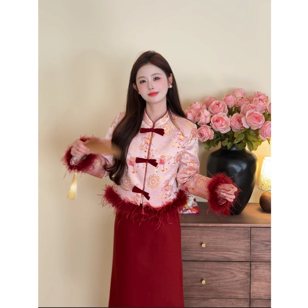 【马踏祥云】<77>新中式马年提花羽绒外套+毛呢半裙套装XMZH11103