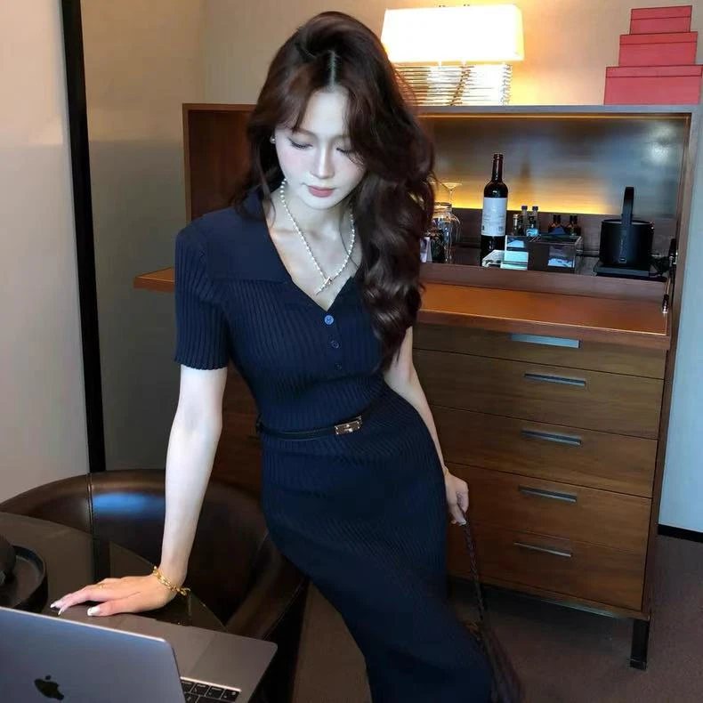 V领法式针织包臀长裙女带腰带夏复古修身显瘦收腰气质连衣裙