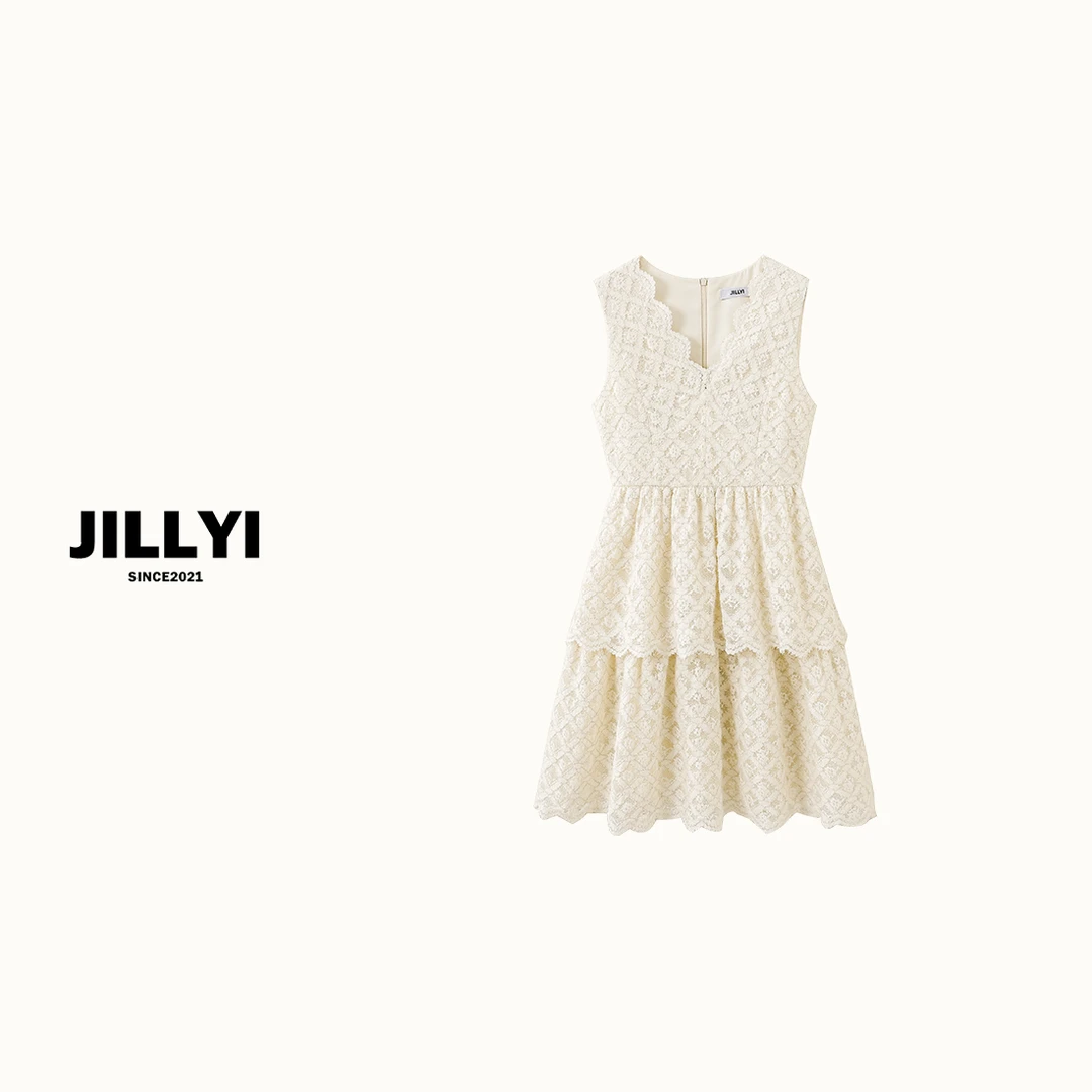 JILLYI【宫廷千金】夏季宫廷风花瓣边V领奶杏色无袖千金风连衣裙