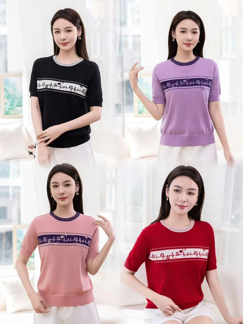 夏季短款针织衫短袖女百搭显瘦学院风撞色减龄T恤上衣-女装针织衫