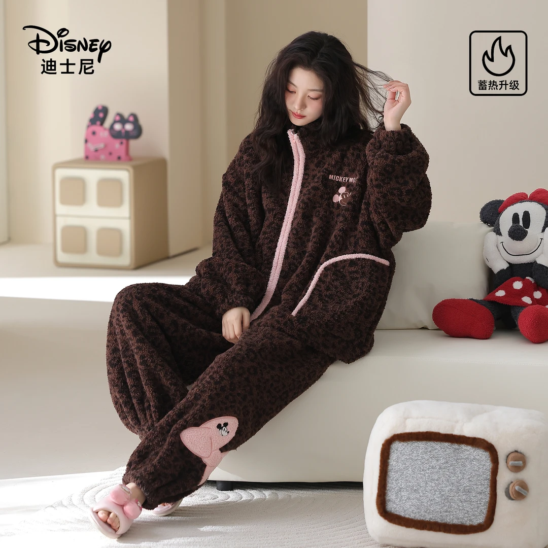 【蓄热型】迪士尼豹纹睡衣女新款珊瑚绒米奇套装加厚立领防风家居服
