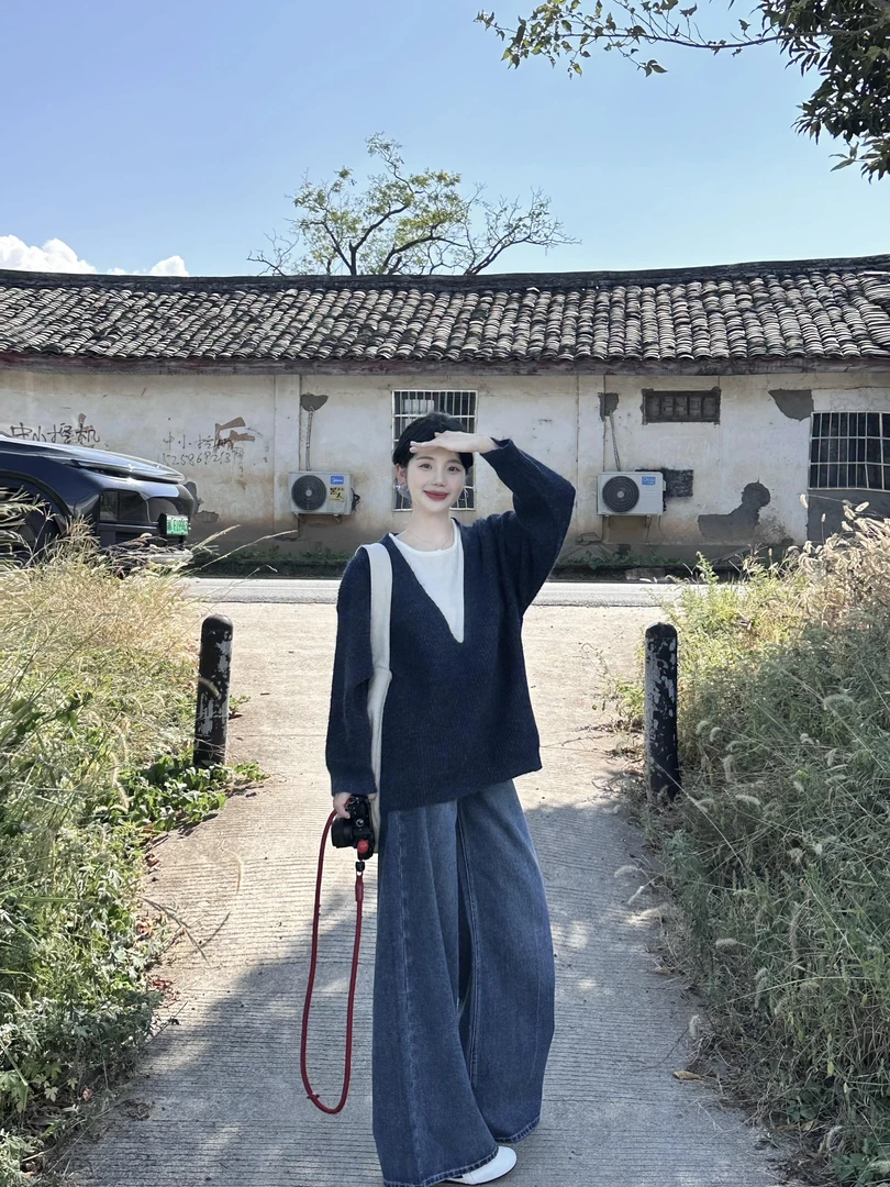 【记录旅途】韩系慵懒风气质假两件针织上衣毛衣复古牛仔裤两件套装