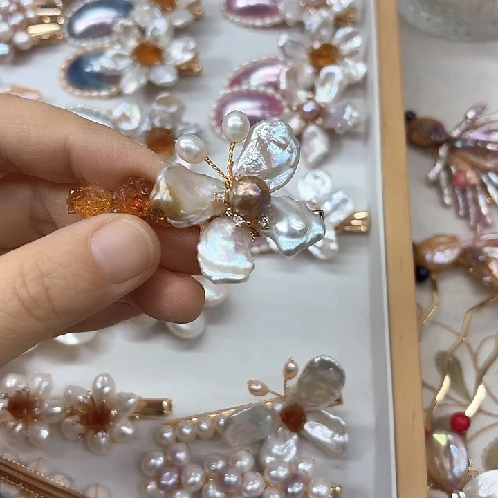 淡水珍珠发饰银S925镶嵌ৡ***