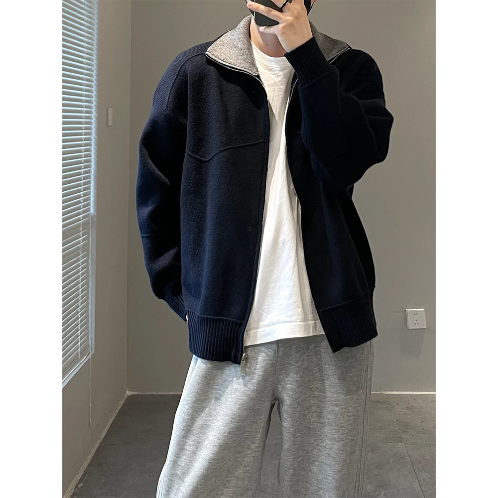 拉链撞色针织衫男士秋季翻领毛衣韩系宽松休闲上衣
