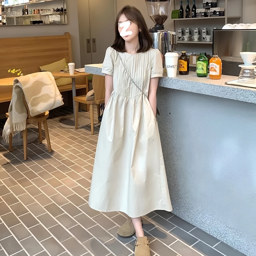 法式小个子短袖连衣裙女2025夏季新款高级感洋气宽松显瘦茶歇长裙