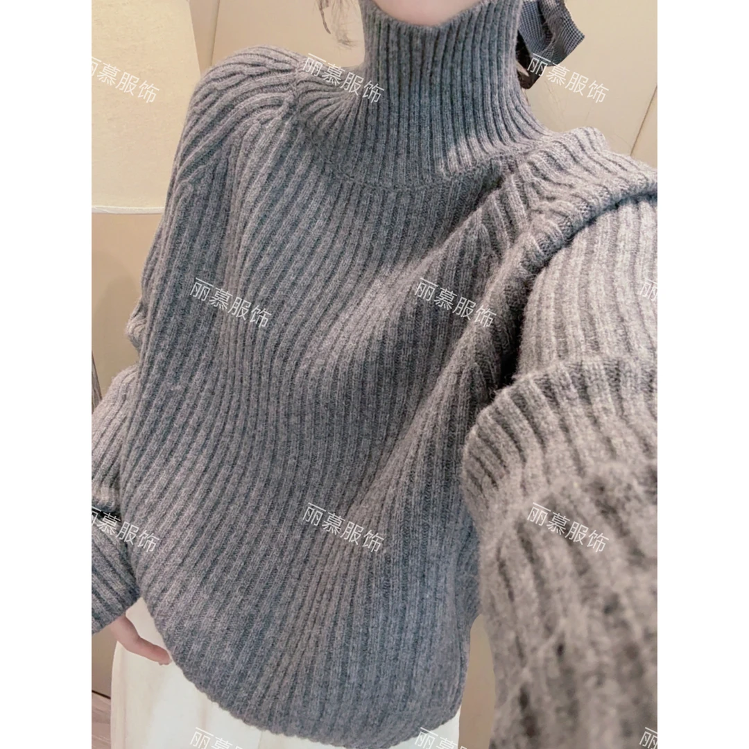 【灰度结构】极简风高领翻袖坑条软糯套头毛衣冬季韩版女装2601
