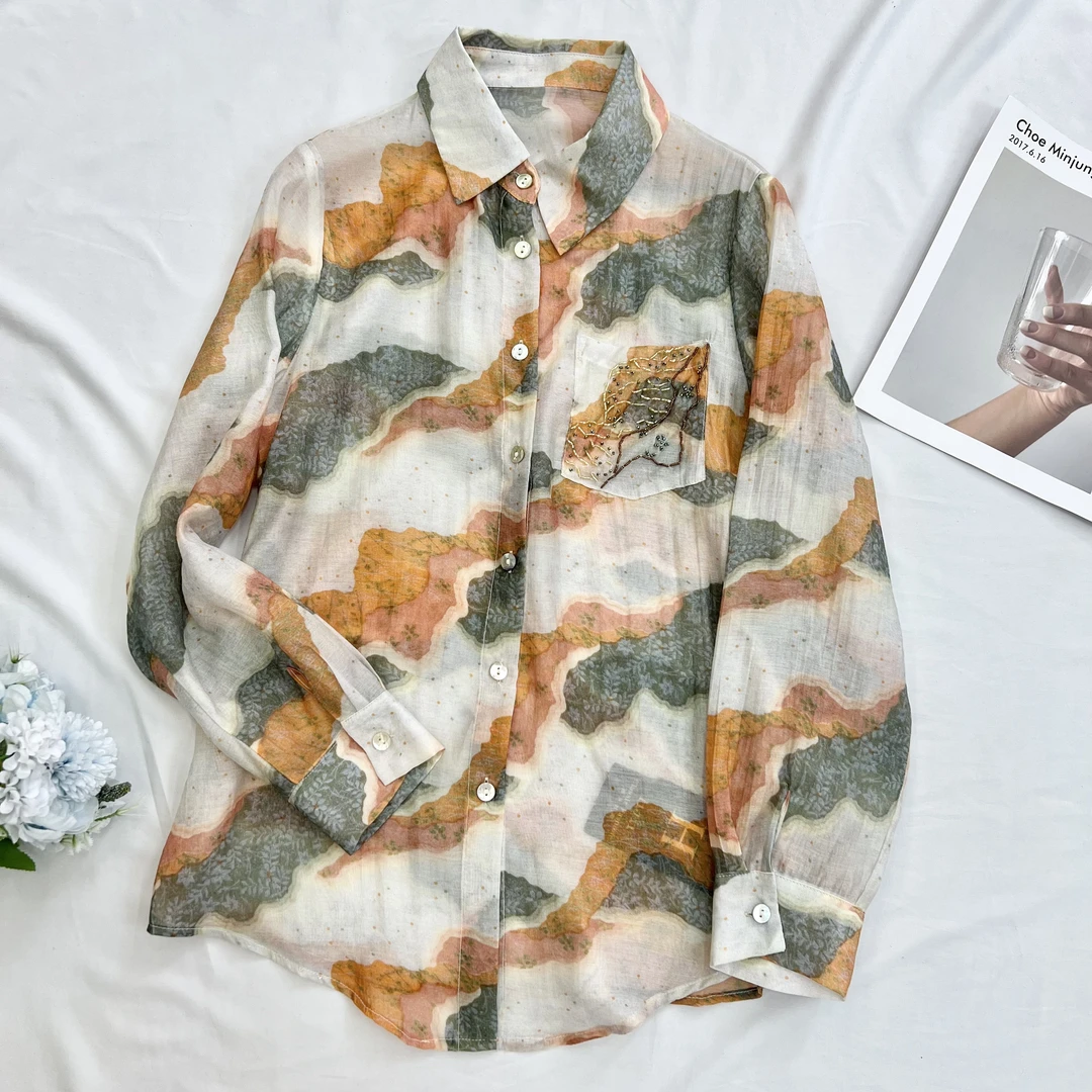 【叶子服饰】夏季新款高级感印染设计师风格长袖衬衫13621