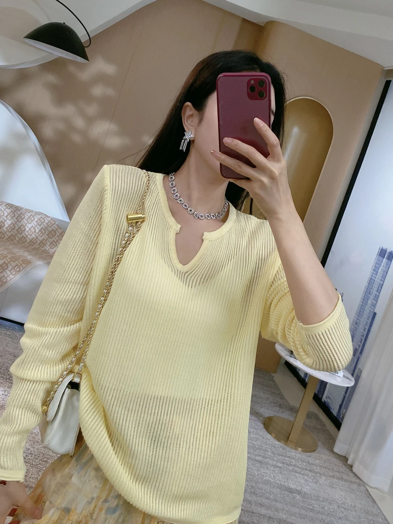 【彩色针织】小V领套头镂空针织衫2856