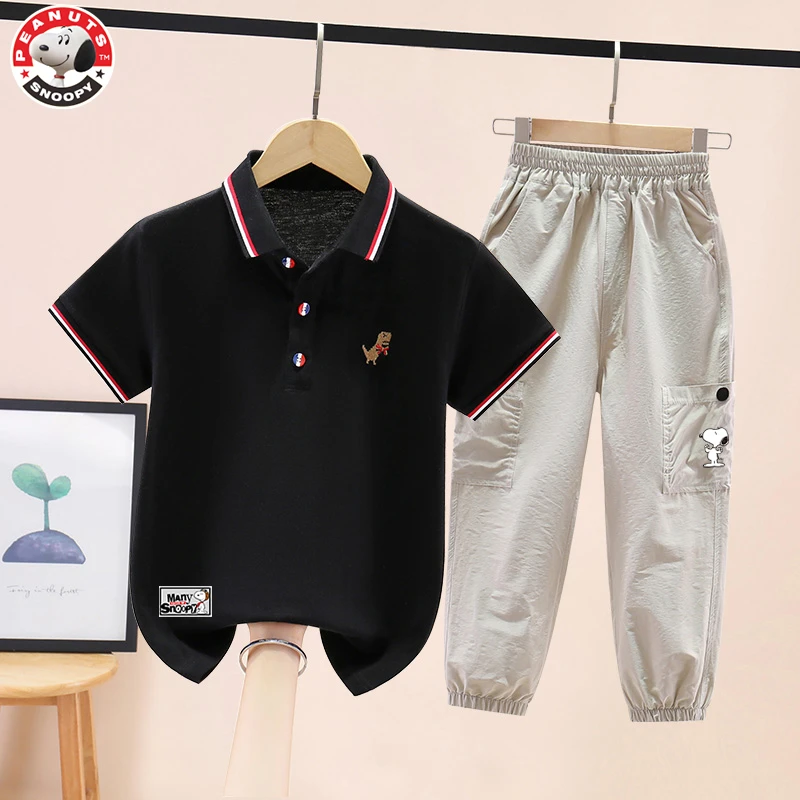 Snoopy/史努比男童套装儿童polo衫长裤防蚊裤中大童两件套薄款